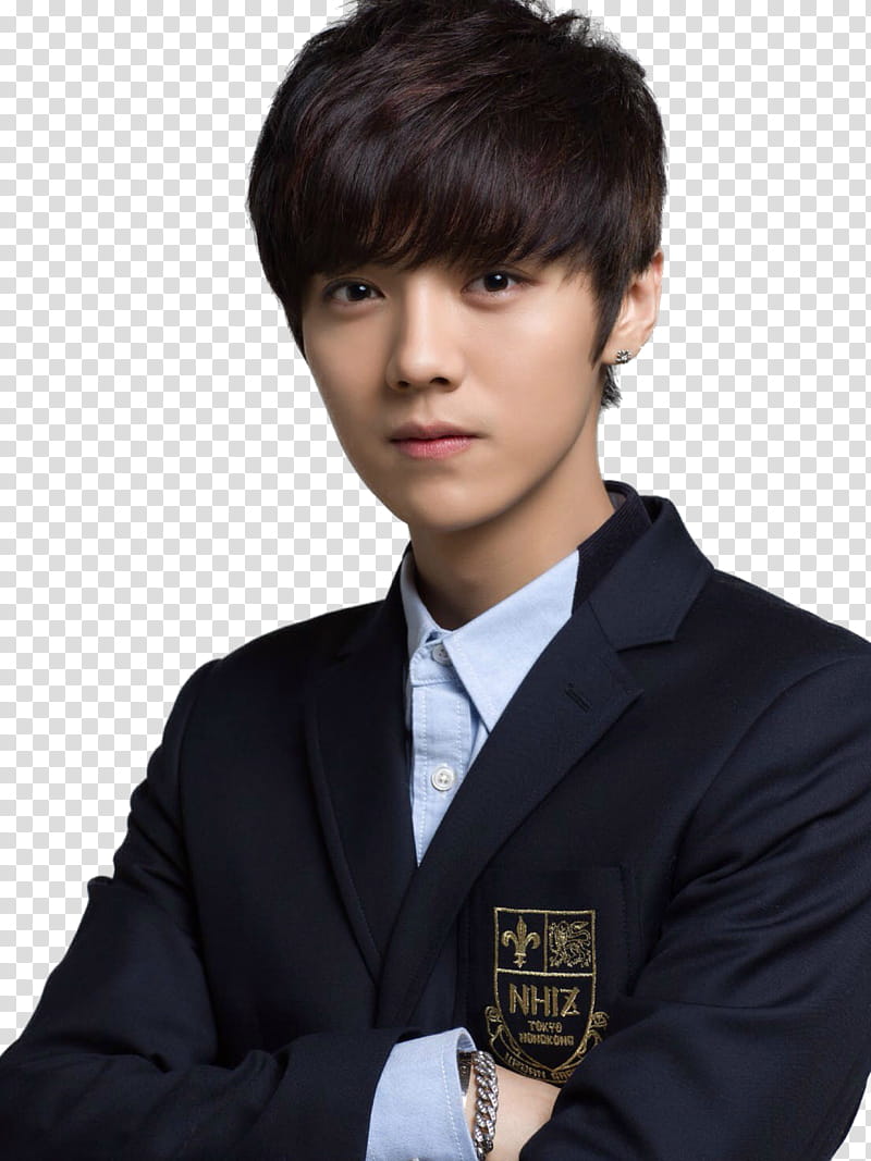 Luhan , man wearing black notched lapel suit jacket standing ansd looking straight transparent background PNG clipart