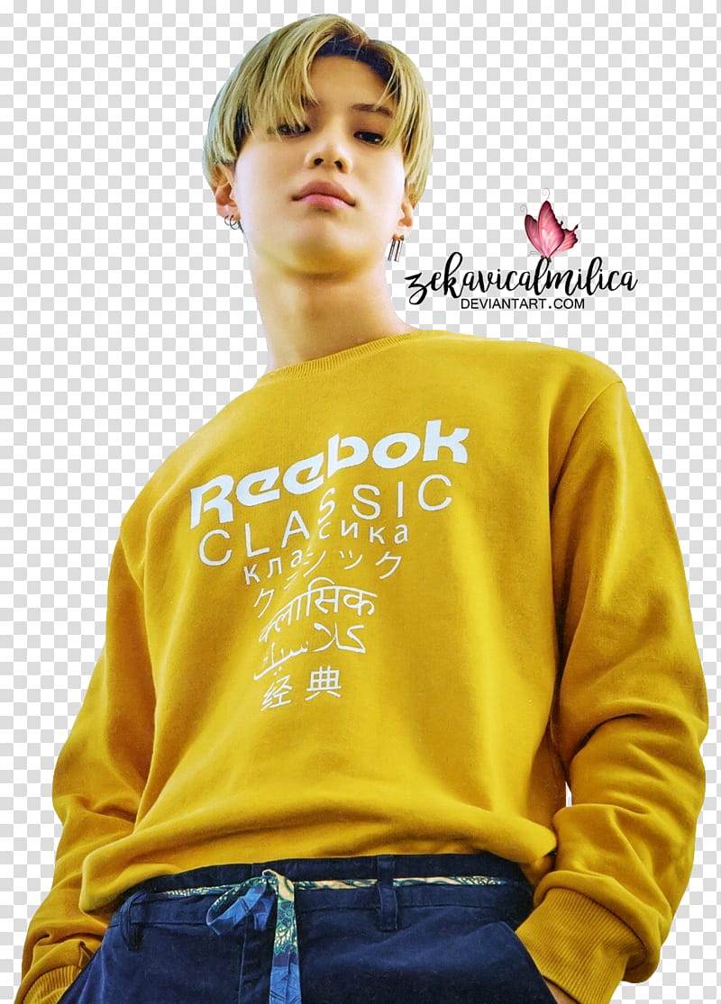 SHINee Taemin Reebok x Dazed, man in yellow Reebok crew-neck sweatshirt with text overlay transparent background PNG clipart