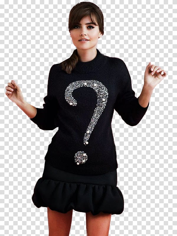 Jenna Coleman, woman wearing black question mark-printed shirt transparent background PNG clipart