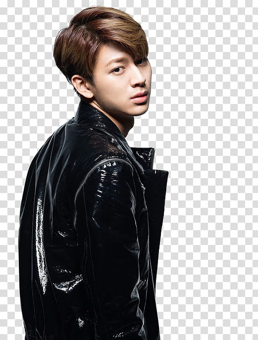 iKON ans P, man standing while looking back and wearing black leather jacket transparent background PNG clipart