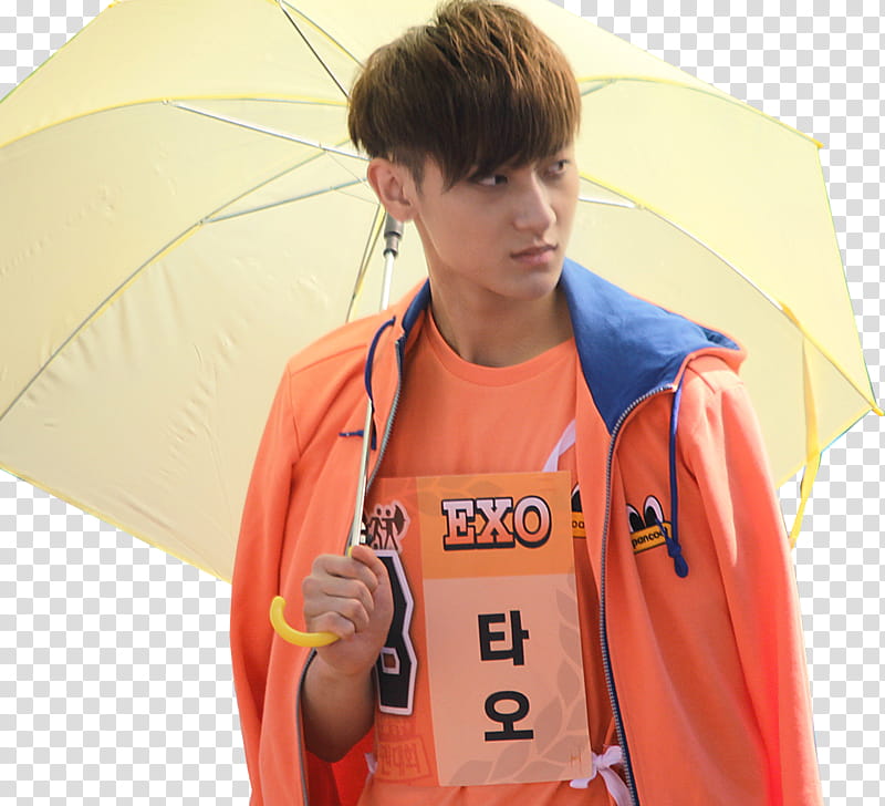 EXO TAO P, man wearing orange jacket and holding yellow umbrella transparent background PNG clipart