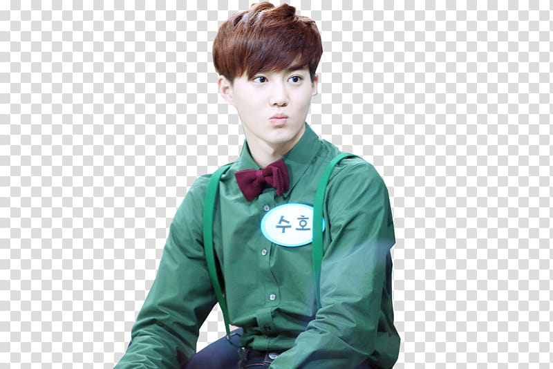 Suho, man wearing green dress shirt and red bow tie transparent background PNG clipart