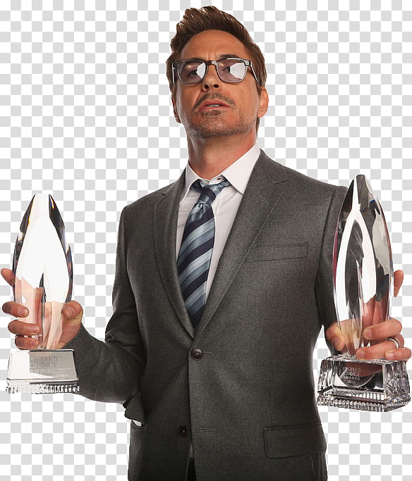 Robert Downey Jr, Robert Downey Jr. holding two trophies transparent background PNG clipart