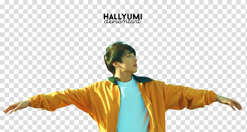 BTS Euphoria, man wearing yellow jacket raising two hands transparent background PNG clipart