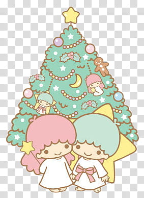 Little Twin Stars, green Christmas tree with two children transparent background PNG clipart