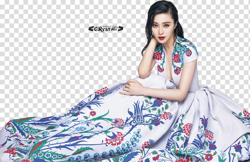 Fan Bingbing , woman wearing white, blue, and red floral dress transparent background PNG clipart