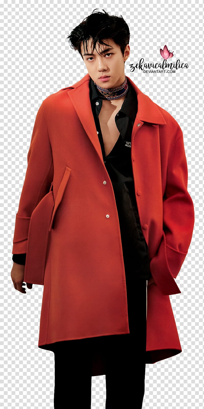 EXO Sehun LEON, men's red overcoat transparent background PNG clipart