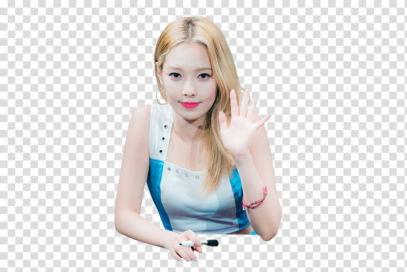 Somin KARD, woman in white blue shirt raising left hand transparent background PNG clipart