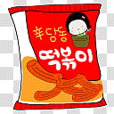 Korean snack, red, orange, and white kanji script plastic illustration transparent background PNG clipart