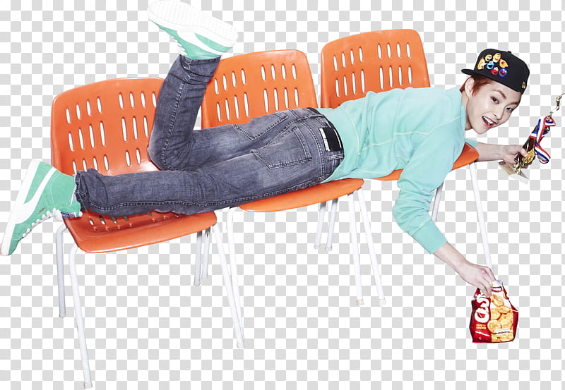 EXO Xiumin, man lying on orange plastic chairs transparent background PNG clipart