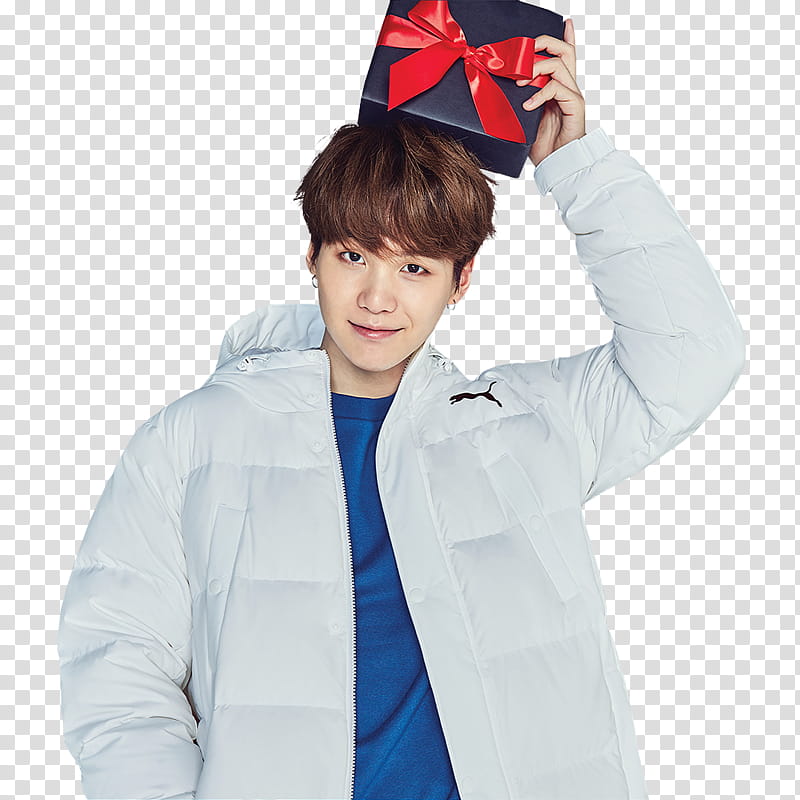 BTS PUMA KR, man holding box in white bubble jacket transparent background PNG clipart
