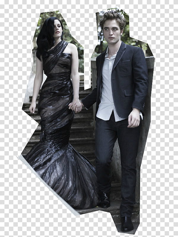 Kristen Stewart and Robert Pattinson walking down the stairs and holding hands transparent background PNG clipart