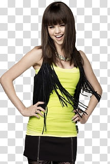 Varia, Selena Gomez in yellow top with black fringe open vest transparent background PNG clipart