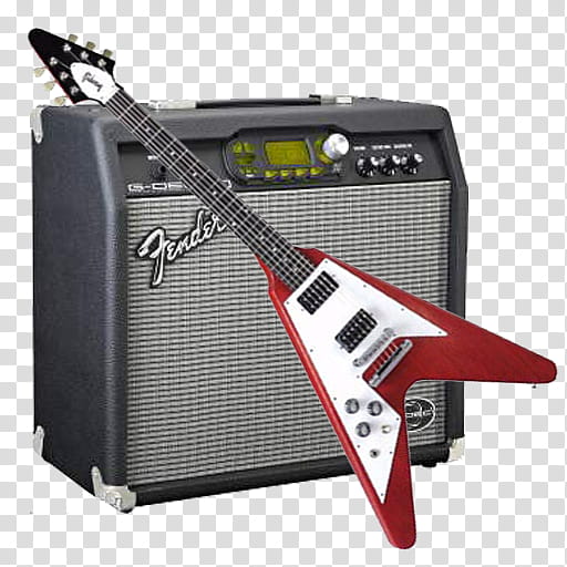 iconos en e ico zip, white and red flying V electric guitar beside gray Fender guitar amplifier transparent background PNG clipart