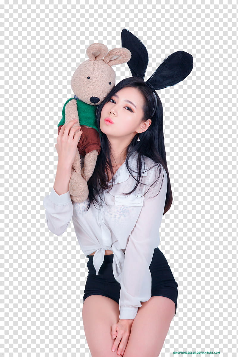 HAN GA EUN, woman carries rabbit plush toy transparent background PNG clipart