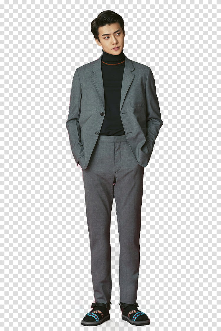 Sehun EXO L OPTIMUM , man wearing gray suit jacket transparent background PNG clipart