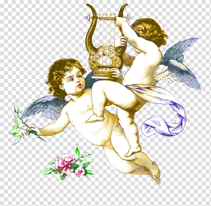 cherubs decoupage piece, two cherubs holding harp art transparent background PNG clipart