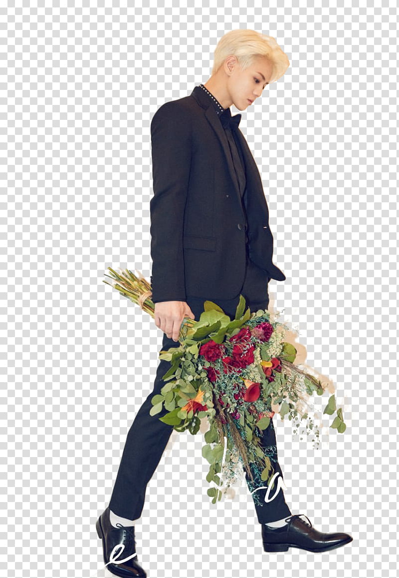 standing man wearing suit holding bouquet of flowers transparent background PNG clipart