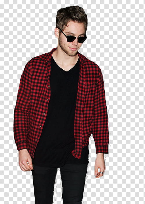 Luke Hemmings, man wearing black sunglasses and red dress shirt smiling transparent background PNG clipart