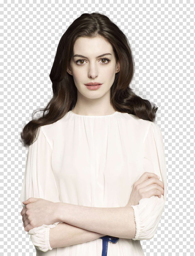 Anne Hathaway, women's white crew-neck long-sleeved top transparent background PNG clipart