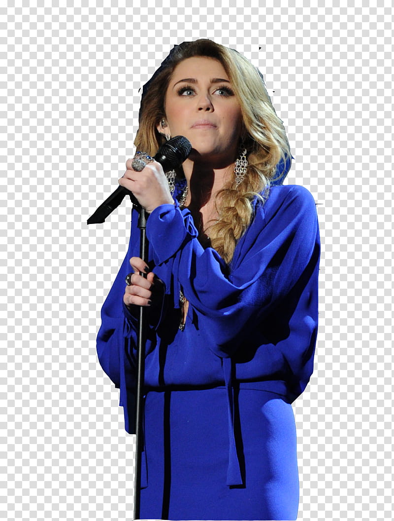 Miley Cyrus, woman in blue dress while holding microphone transparent background PNG clipart