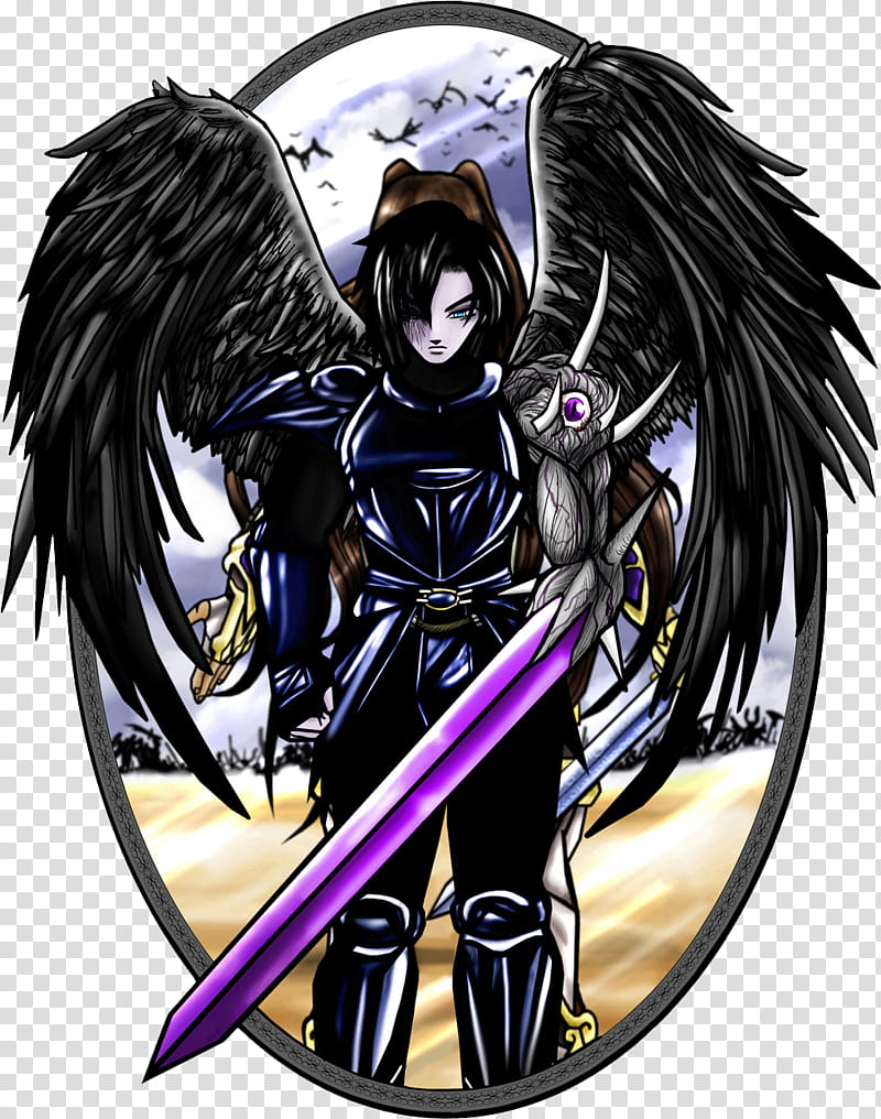 Two Heroes The fallen one, winged woman wearing black suit holding purple sword illustration transparent background PNG clipart
