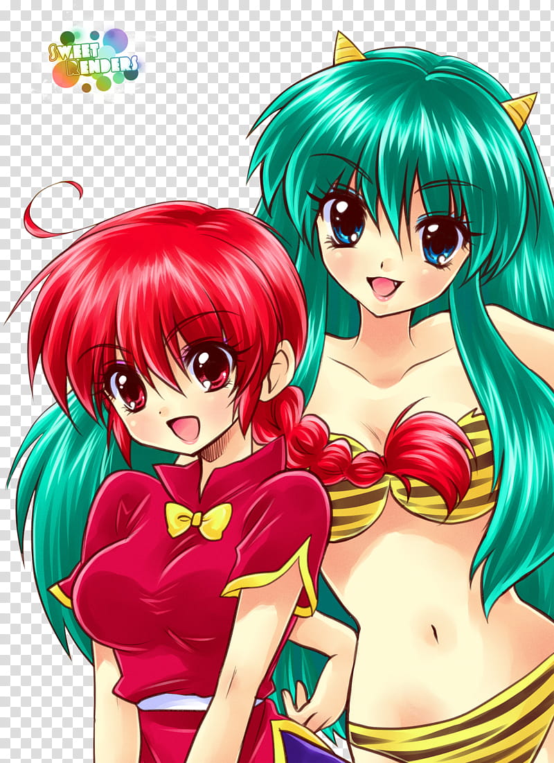 Ranma Lum Cossover, two green-and-red haired female anime character illustrations transparent background PNG clipart