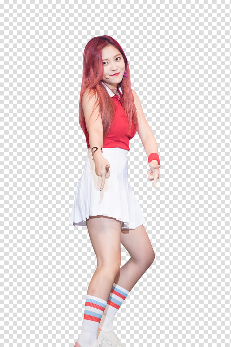 Yeri, standing woman wearing red and white collared mini dress while pointing down transparent background PNG clipart