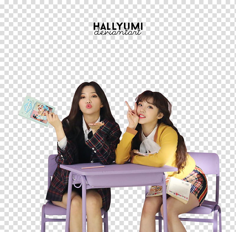 Soyeon and Yuqi, two woman sitting on purple chairs transparent background PNG clipart