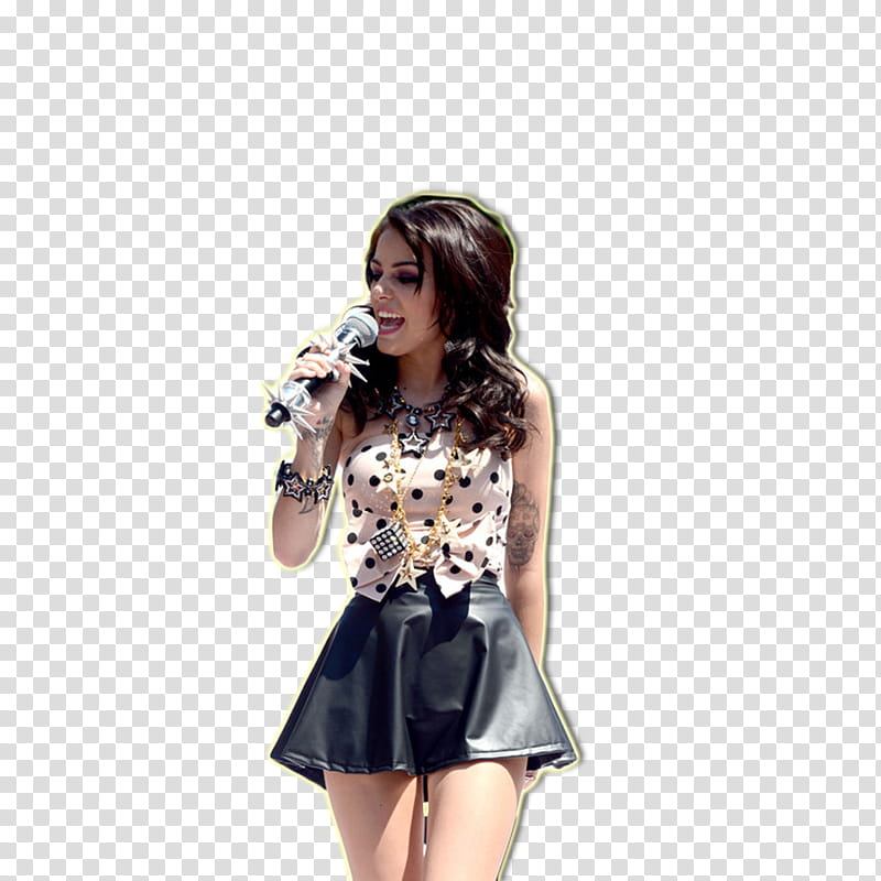 Cher Lloyd, women's white and black polka-dot top and black miniskirt transparent background PNG clipart