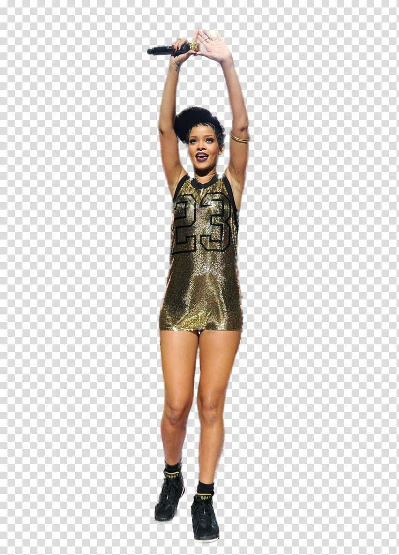 Rihanna, woman standing holding microphone transparent background PNG clipart