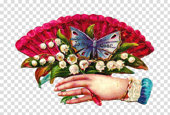 Hands and Flowers s, hand holding pink fan with flowers and butterfly illustration transparent background PNG clipart