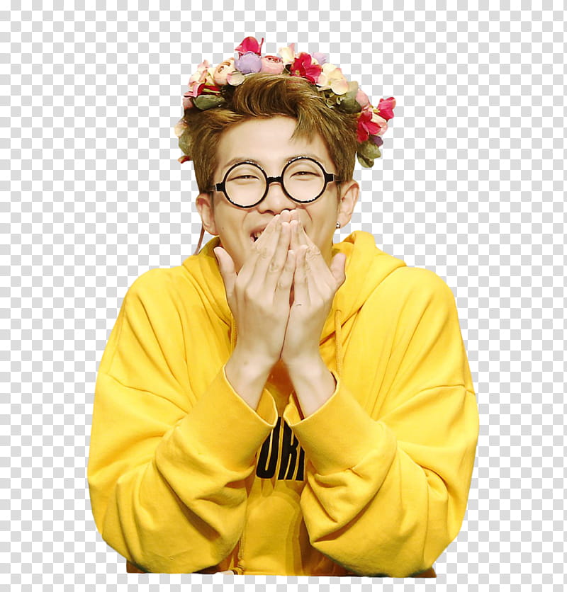 RAP MONSTER BTS, smiling man wearing yellow hoodie transparent background PNG clipart