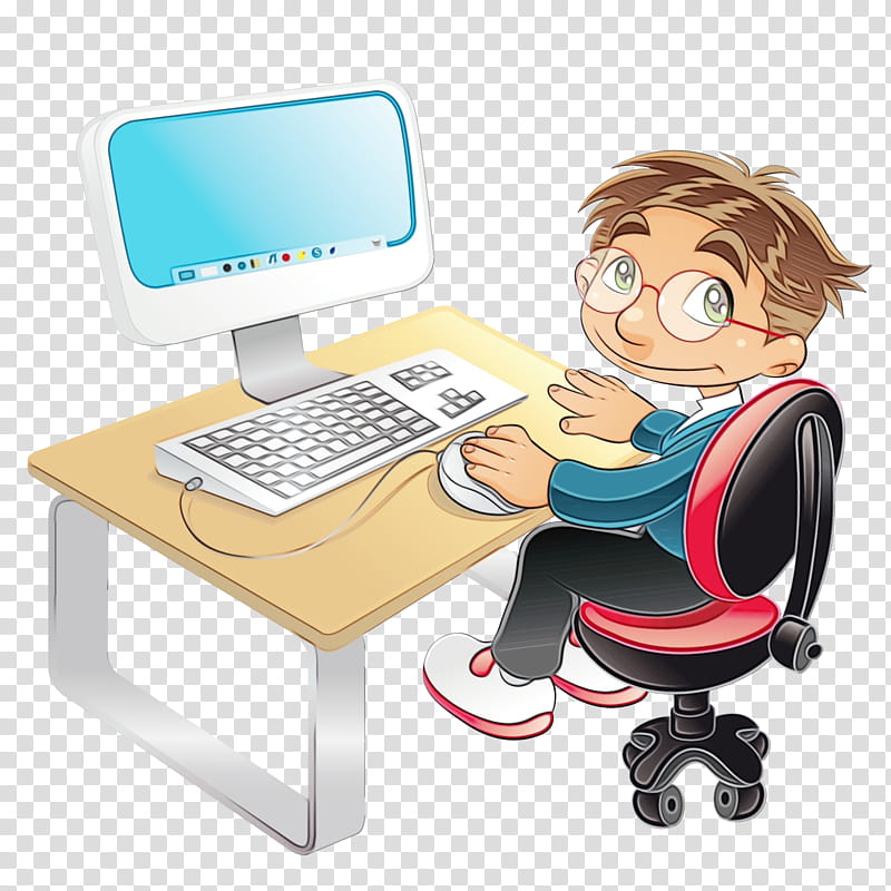 cartoon personal computer computer desk output device, Watercolor, Paint, Wet Ink, Cartoon, Learning, Sitting, Office Equipment transparent background PNG clipart