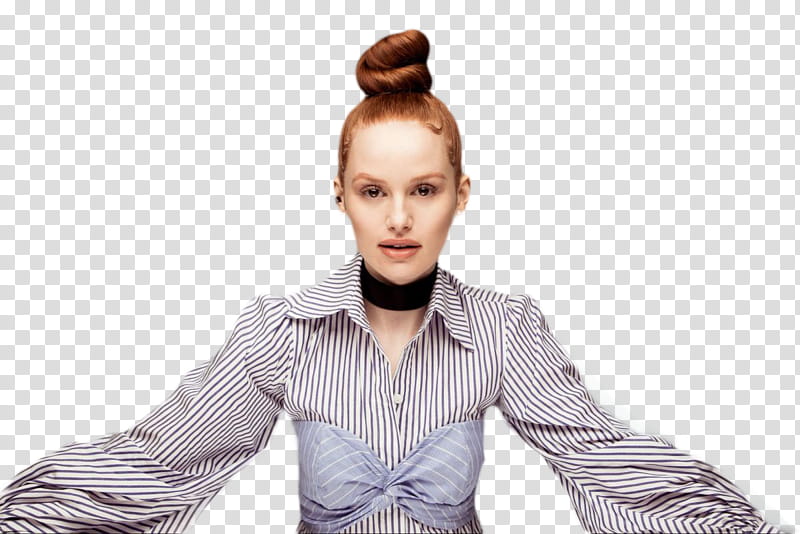 Madelaine Petsch , woman wearing black and white striped long-sleeved top transparent background PNG clipart