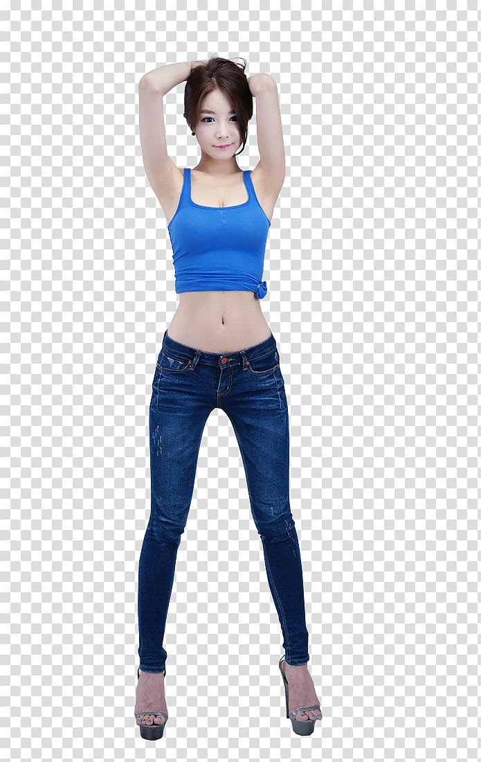 woman in blue tank crop top and blue jeans transparent background PNG clipart