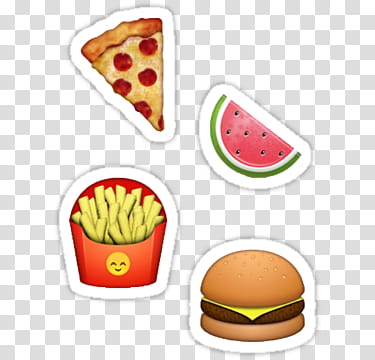 Colecion de stickers en, four potato fries, pizza, water melon and burger stickers transparent background PNG clipart