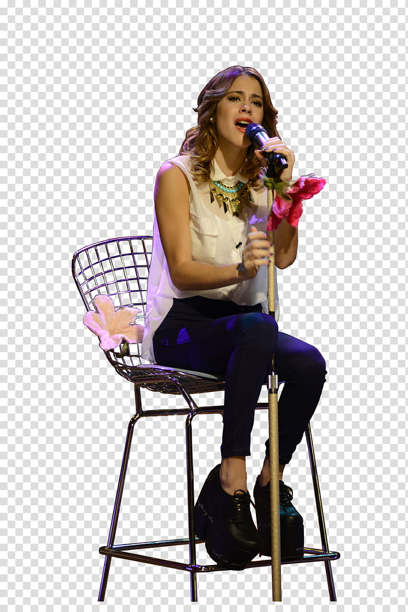 Martina Stoessel, woman sitting down on chair while holding microphone transparent background PNG clipart