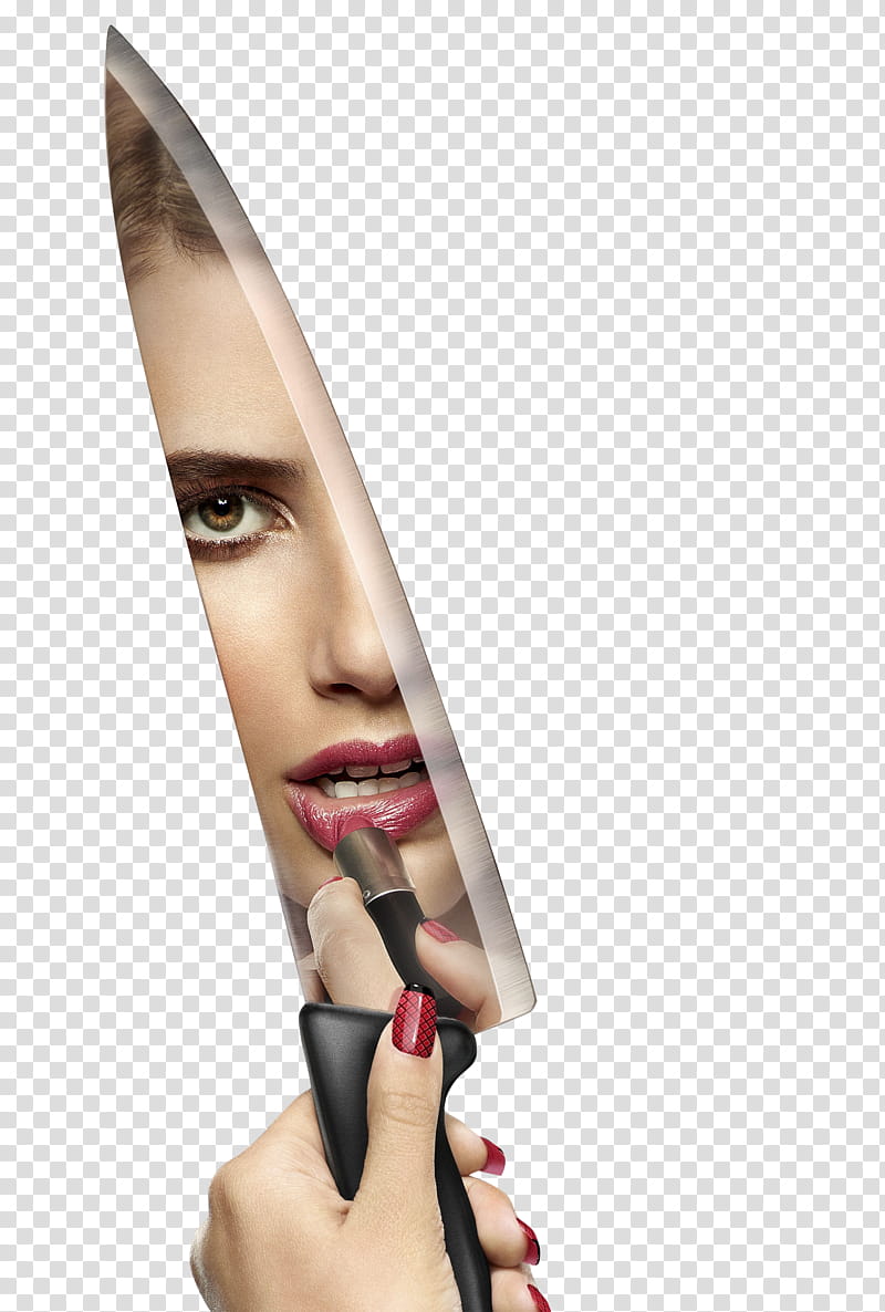 Emma Roberts, woman holding kitchen knife while putting lipstick transparent background PNG clipart