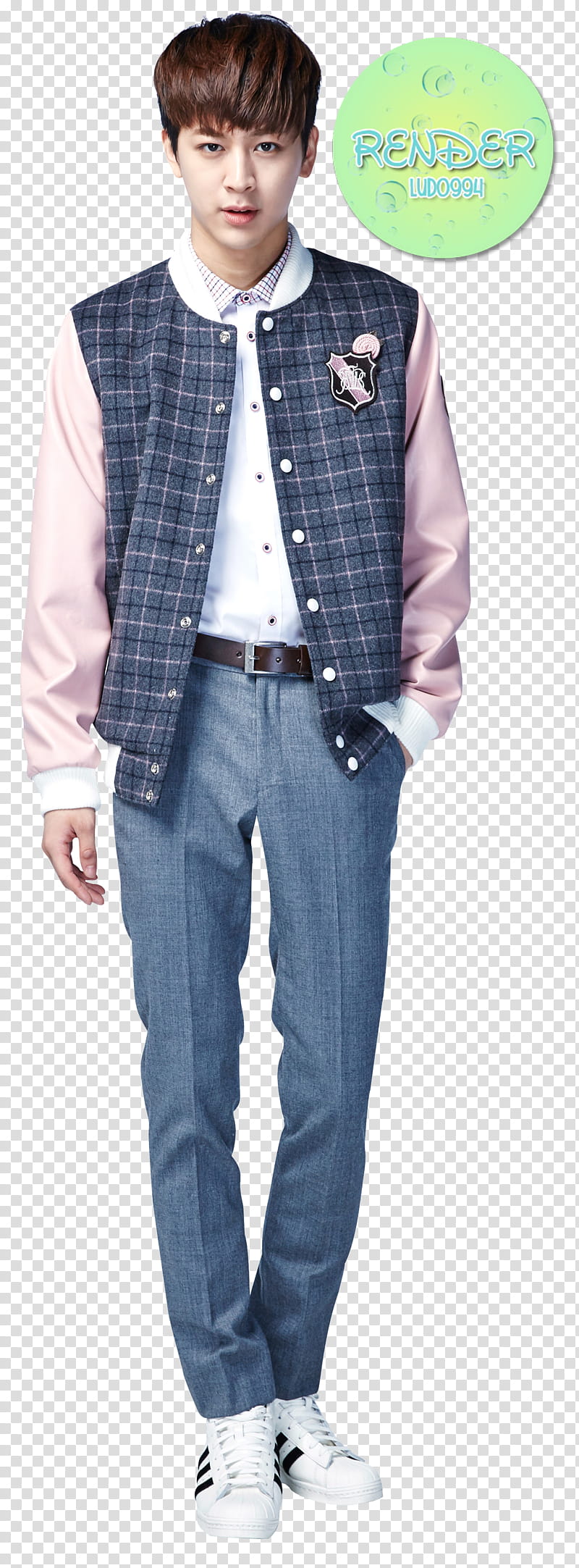 standing man wearing blue and gray letterman jacket and gray dress pants transparent background PNG clipart