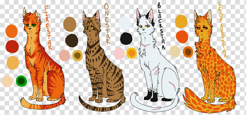 Firestar, Onestar, Blackstar, and Leopardstar Refs, four assorted-color cat illustration transparent background PNG clipart
