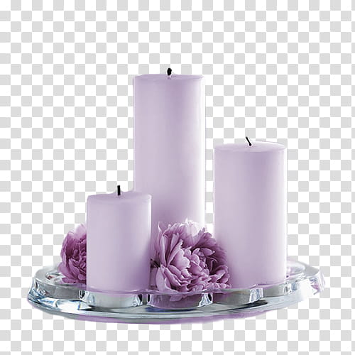 Velas Estilo Vintage, three purple pillar candles on gray rack transparent background PNG clipart