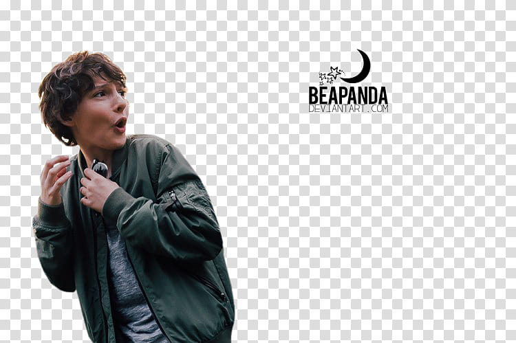 Finn Wolfhard, boy wearing black jacket looking Beapanda text transparent background PNG clipart