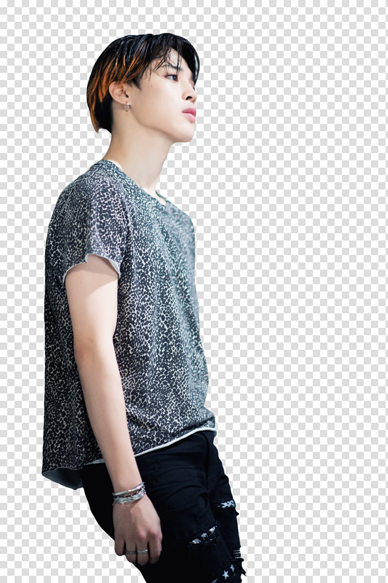 Jimin BTS, man in black top and distressed jeans transparent background PNG clipart