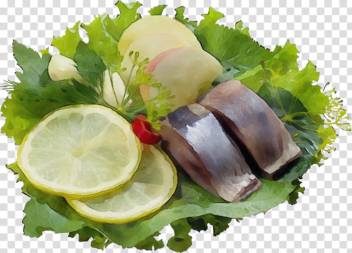 food dish cuisine ingredient garnish, Watercolor, Paint, Wet Ink, Lettuce, Sashimi, Leaf Vegetable, Fish Slice transparent background PNG clipart