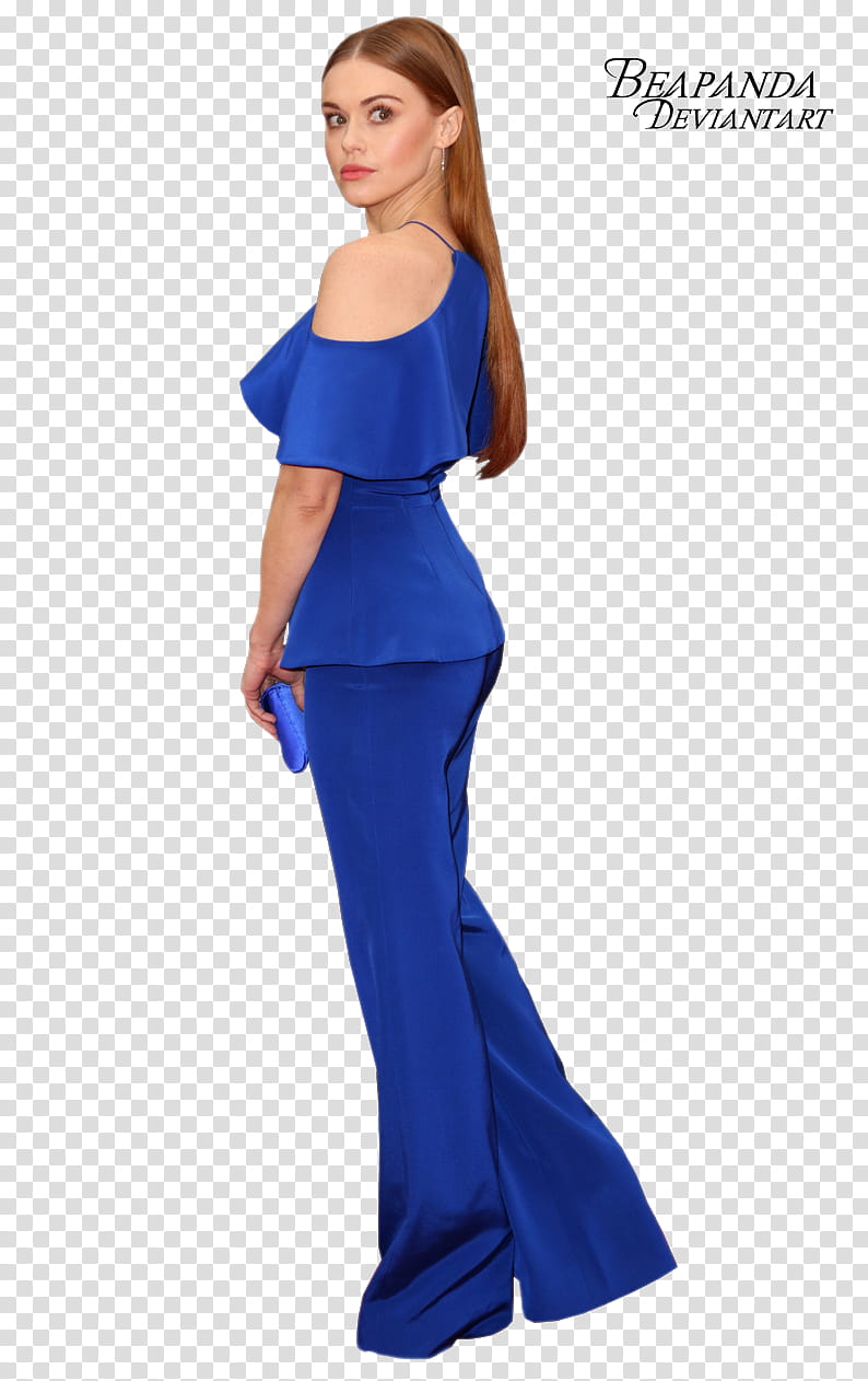 Holland Roden, woman wearing blue dress standing side view transparent background PNG clipart