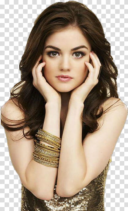 LucyHale, woman wearing gold-colored bangles transparent background PNG clipart