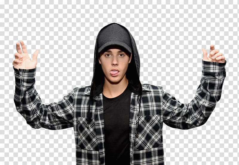 Justin Bieber , Justine Beiber wearing black and white plaid hoodie transparent background PNG clipart