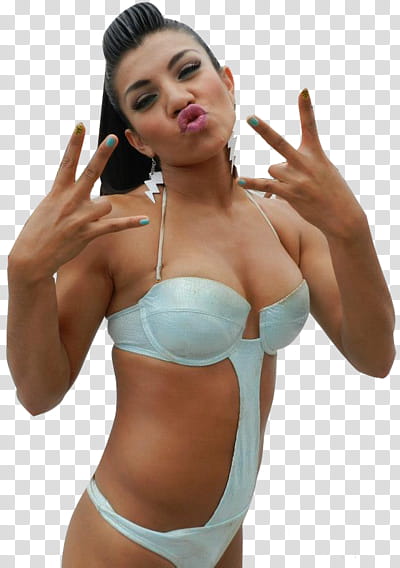 equipo rojo, woman wearing white monokini making hand signs transparent background PNG clipart