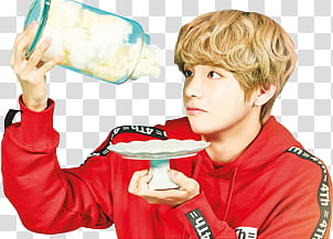 Taehyung , man wearing red and black pullover hoodie holding scalloped edge round white ceramic footed cake dome and clear glass jar transparent background PNG clipart